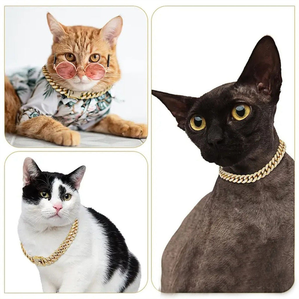 Dog Necklace Accessory Faux Diamonds Golden Chain - PIKAPIKA