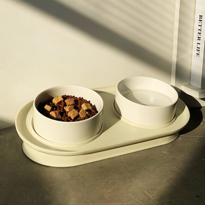 Double Pet Food Bowl Ceramic Dog Cat Water Bowl 10° Slope With Holder - PIKAPIKA