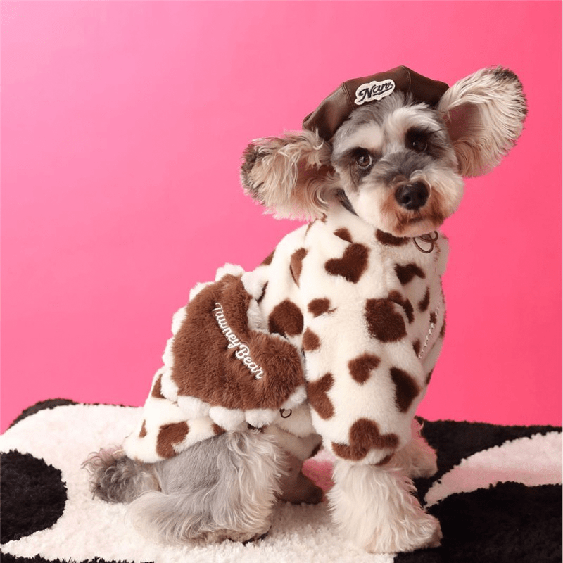 Faux Fur Dog Coat Valentine's Day Love Heart Plush Fleece Jacket with Bag - PIKAPIKA