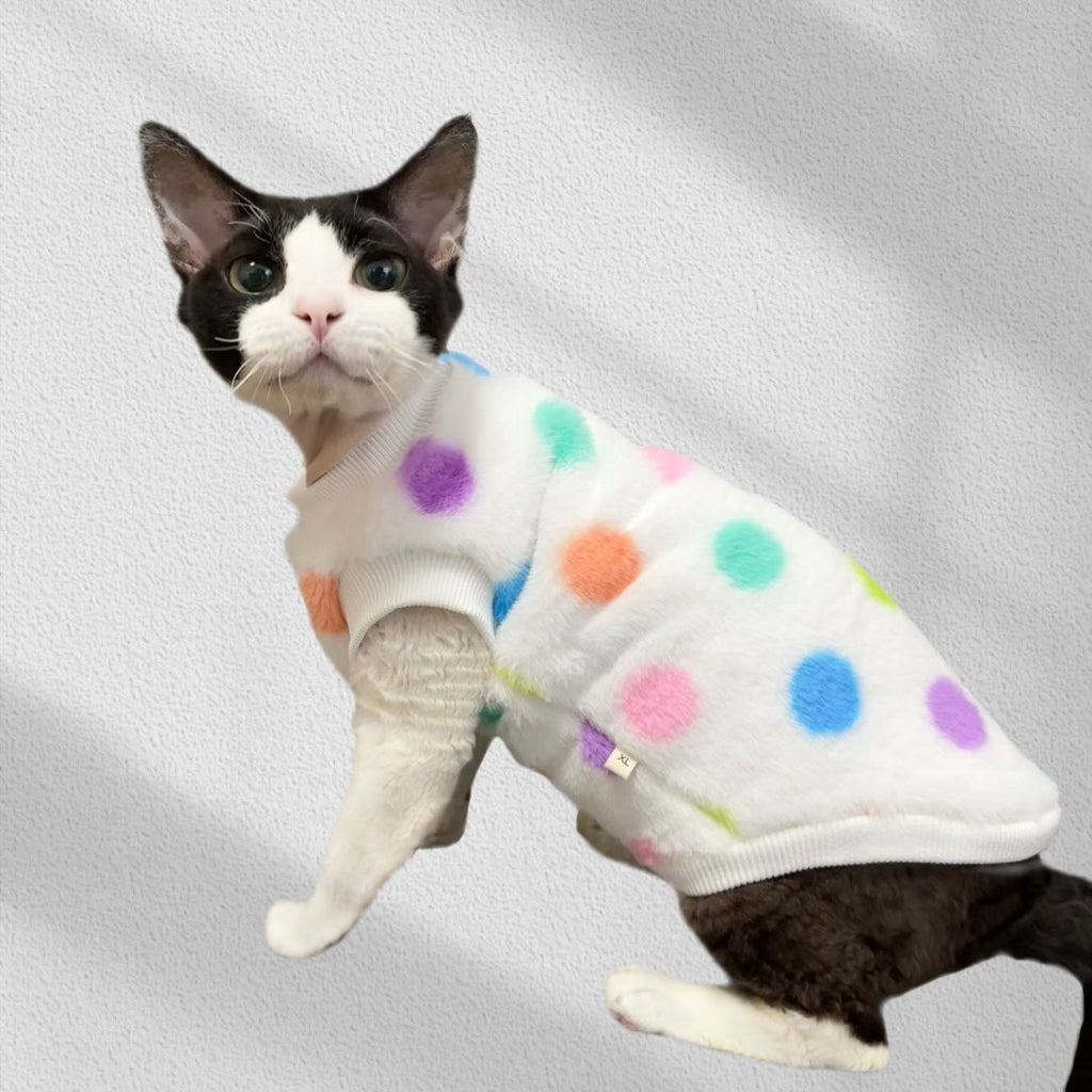 Faux Fur Vest Colorful Polka Point Sphynx Cat Clothes Pullover - PIKAPIKA