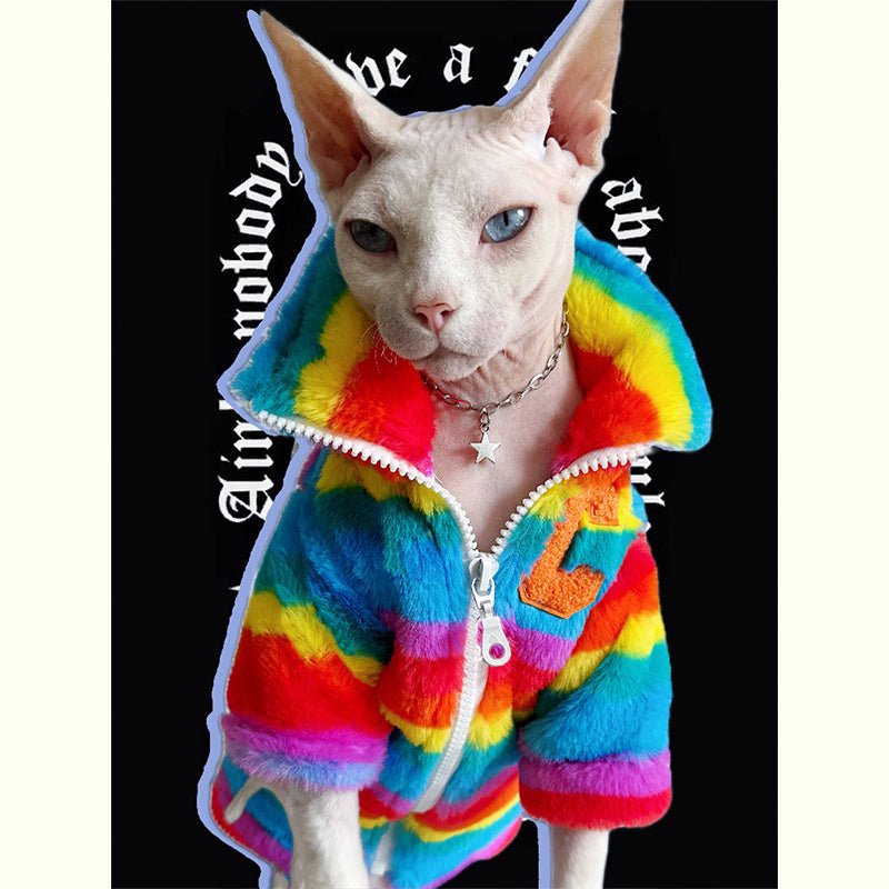 Faux Fur Zip Coat Rainbow Jacket Sphynx Cat Clothes - PIKAPIKA