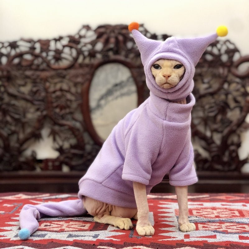 Fleece Warm Shirts with Hat & Tail Cover Sphynx Devon Rex Cat Clothes - PIKAPIKA