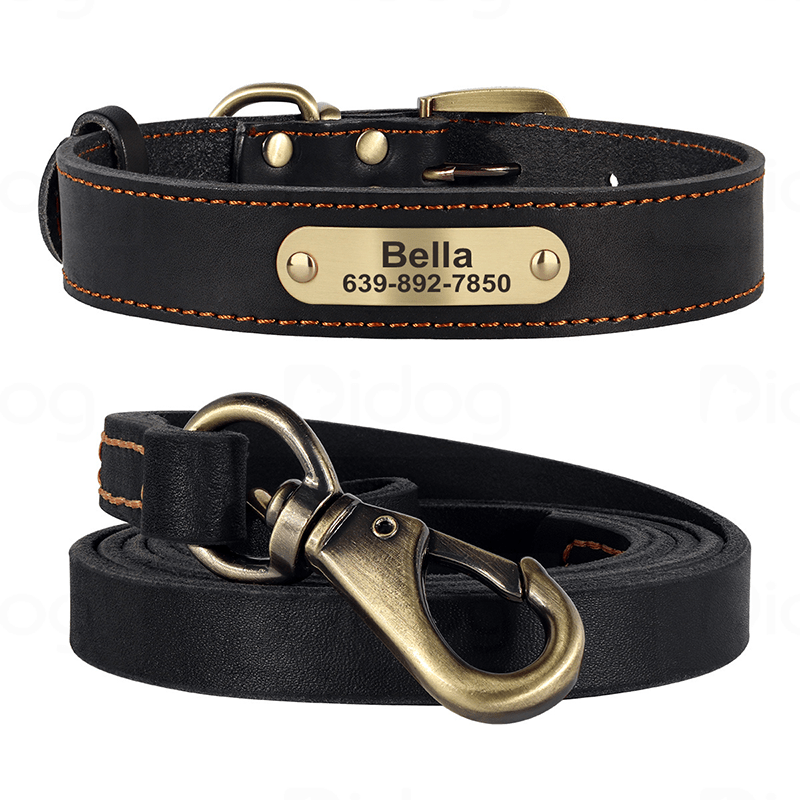 Genuine Leather Anti - Lost Engraved Dog Collar Custom ID Tag for Small Medium Dogs - PIKAPIKA