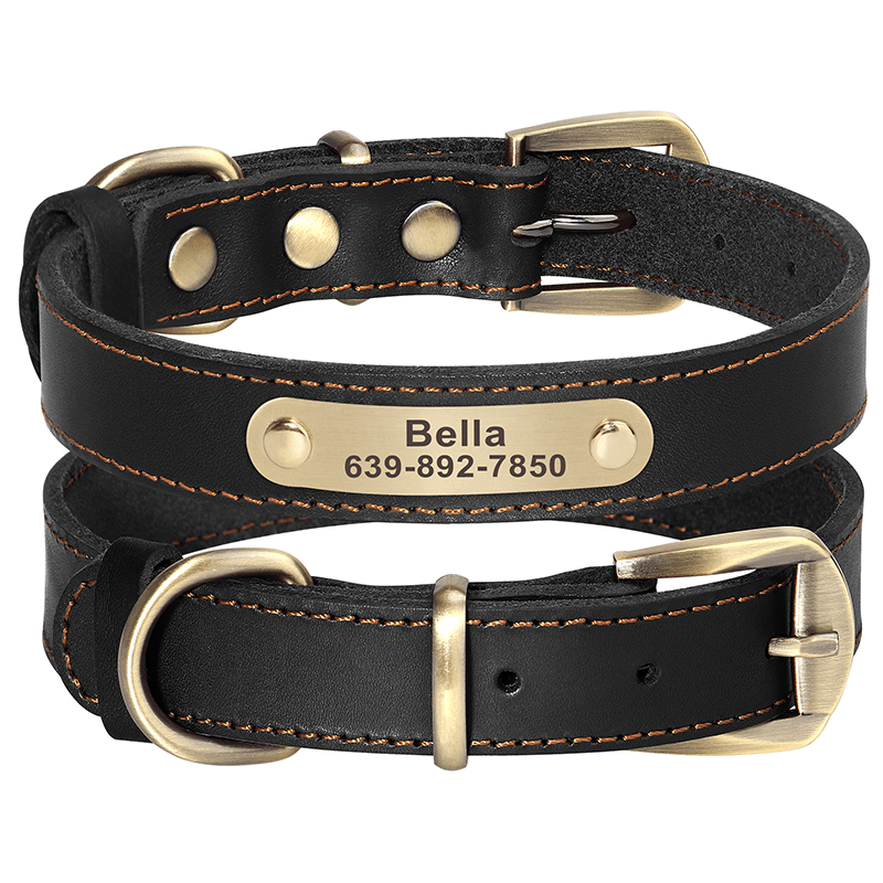 Genuine Leather Anti - Lost Engraved Dog Collar Custom ID Tag for Small Medium Dogs - PIKAPIKA