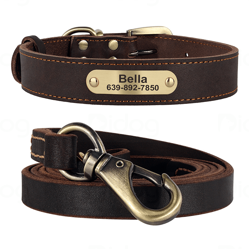 Genuine Leather Anti - Lost Engraved Dog Collar Custom ID Tag for Small Medium Dogs - PIKAPIKA