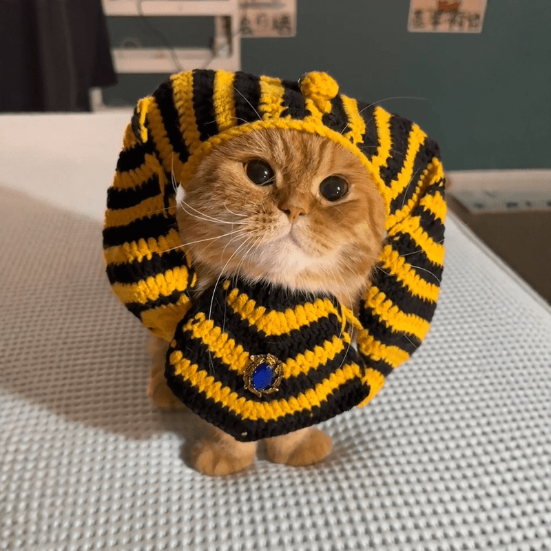 Halloween Egyptian Pharaoh Pet Costume Cat Crochet Hat Bib Set - PIKAPIKA