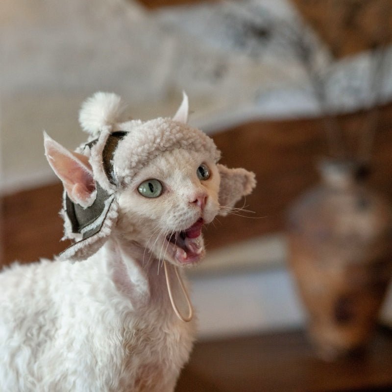 Handmade Fleece Aviator Hat Devon Rex Sphynx Cat Winter Ear Hole Cap - PIKAPIKA