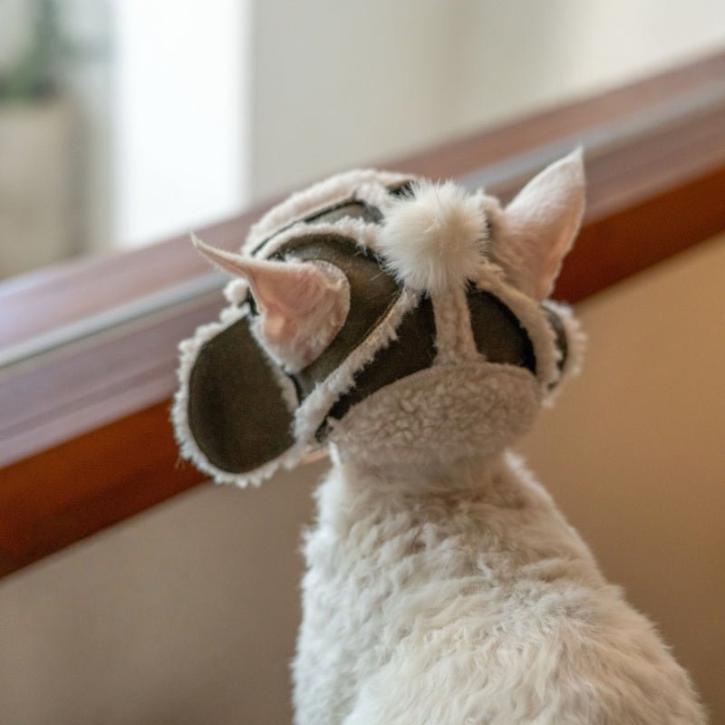 Handmade Fleece Aviator Hat Devon Rex Sphynx Cat Winter Ear Hole Cap - PIKAPIKA