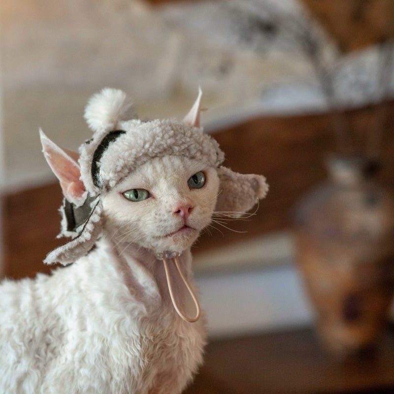 Handmade Fleece Aviator Hat Devon Rex Sphynx Cat Winter Ear Hole Cap - PIKAPIKA