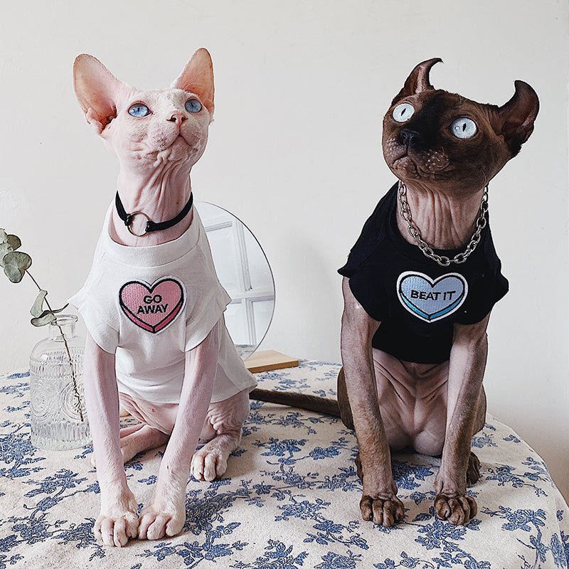 Heart Embroidered Cotton T-shirt Sphynx Cat Clothes - PIKAPIKA