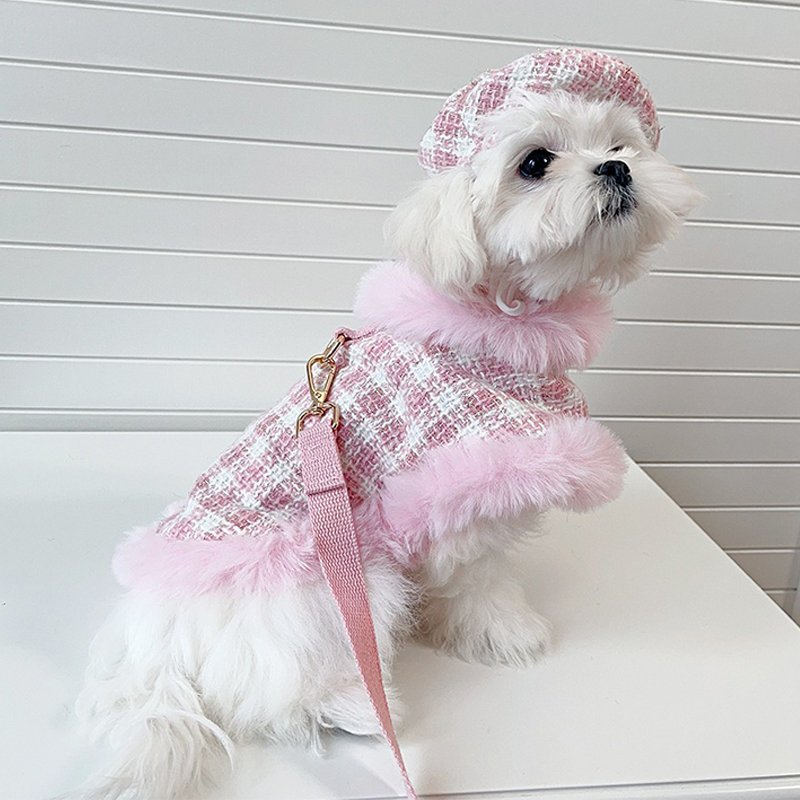 Luxury Chanel Tweed Faux Fur Cape Cloak Coat with Leashes Dog Clothes - PIKAPIKA