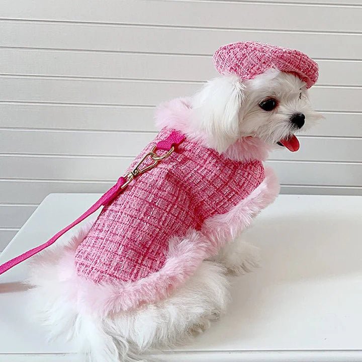 Luxury Chanel Tweed Faux Fur Cape Cloak Coat with Leashes Dog Clothes - PIKAPIKA Luxury Chanel Tweed Faux Fur Cape Cloak Coat with Leashes Dog Clothes - PIKAPIKA