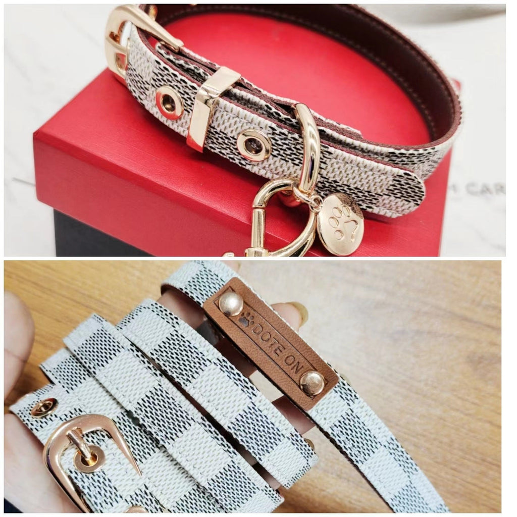 Monogram Dog Collar Leashes Set 3.6 - 4.1FT Leather D - Ring Adjustable Breathable - PIKAPIKA