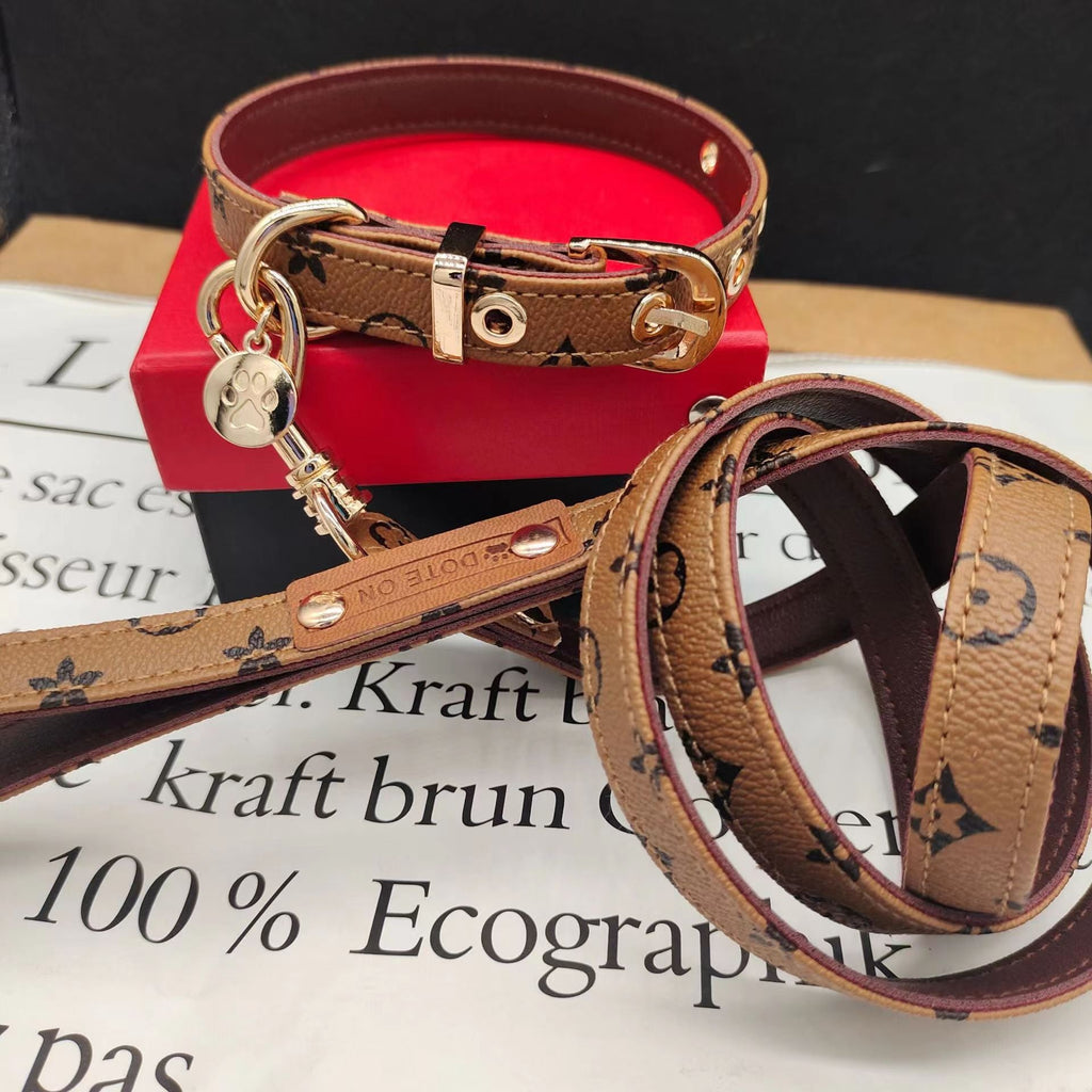 Monogram Dog Collar Leashes Set 3.6 - 4.1FT Leather D - Ring Adjustable Breathable - PIKAPIKA