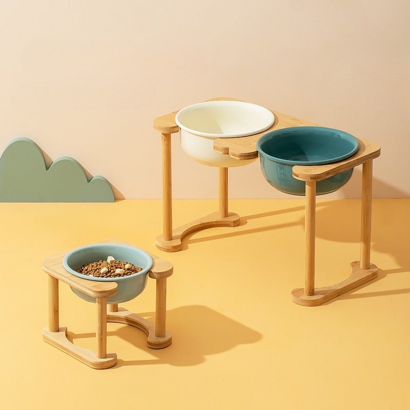Pet Double Food Bowl Ceramic With Wood Holder - PIKAPIKA