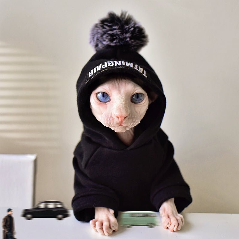 Pom Hat Thicked Warm Hoodie Sphynx Cat Clothes - PIKAPIKA