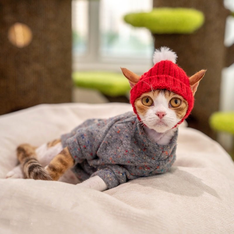 Red Hood Knit Hat Devon Sphynx Cat Ear Opening Warm Hat - PIKAPIKA