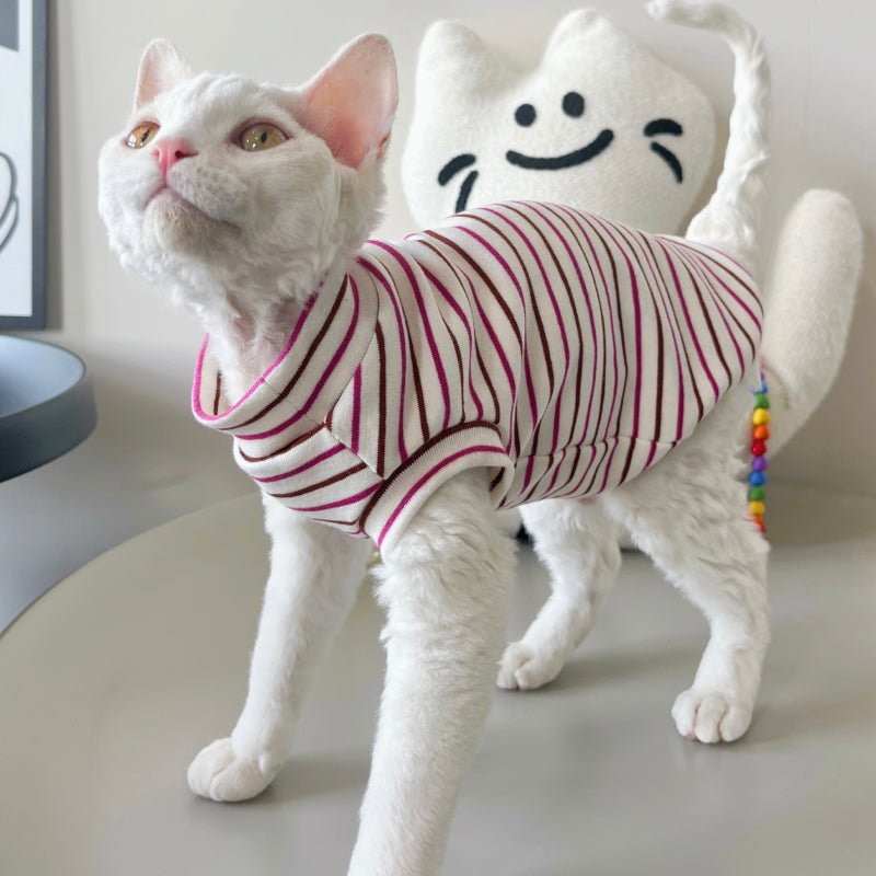 Soft Cotton Sleeveless T-shirt Sphynx Cat Devon Rex Stripes Clothes - PIKAPIKA