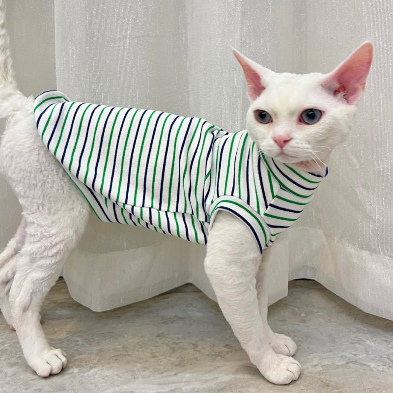 Soft Cotton Sleeveless T-shirt Sphynx Cat Devon Rex Stripes Clothes - PIKAPIKA