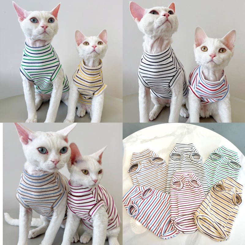 Soft Cotton Sleeveless T-shirt Sphynx Cat Devon Rex Stripes Clothes - PIKAPIKA