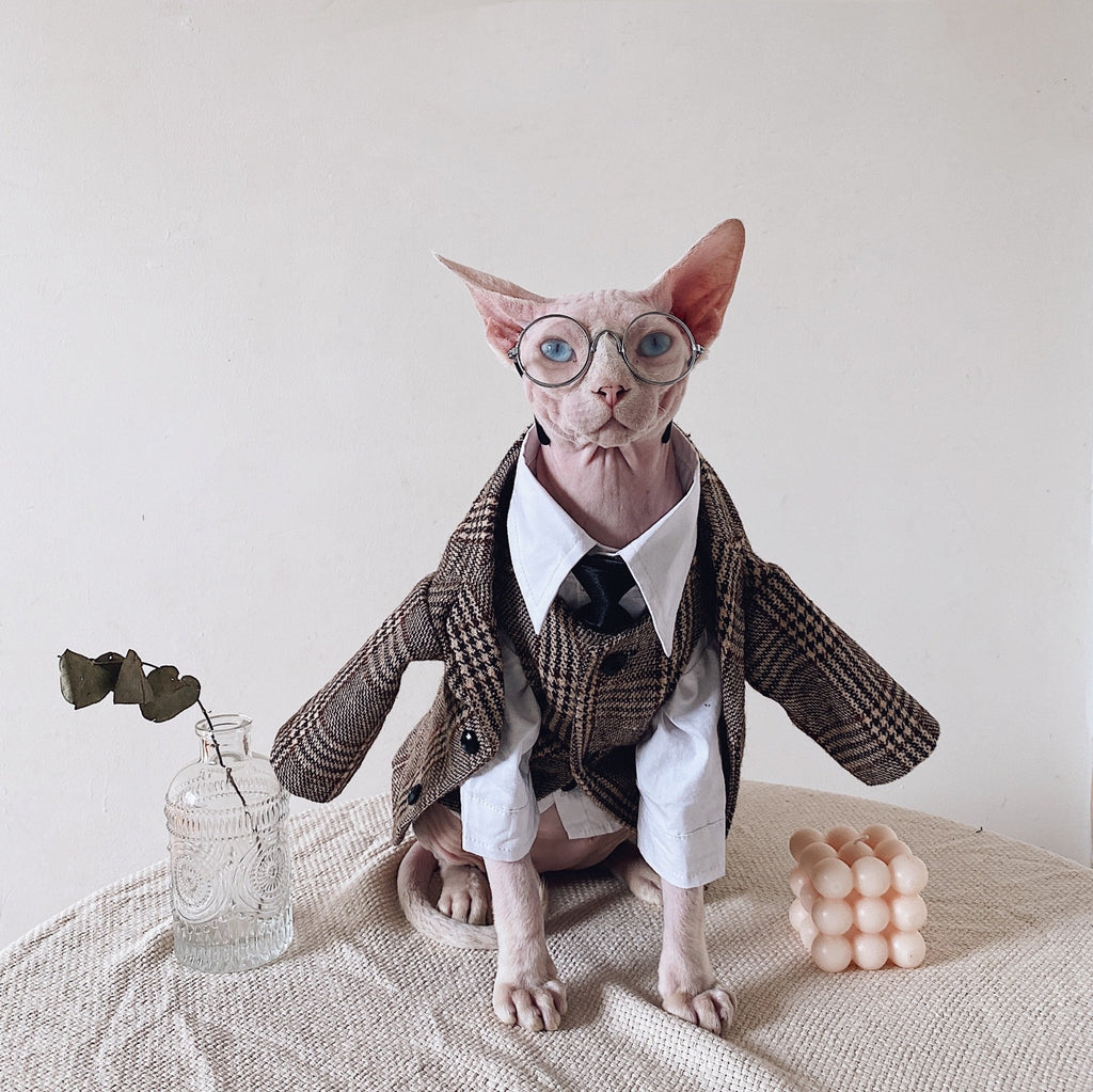 Sphynx Cat Clothes Plaid Suit Tie - PIKAPIKA