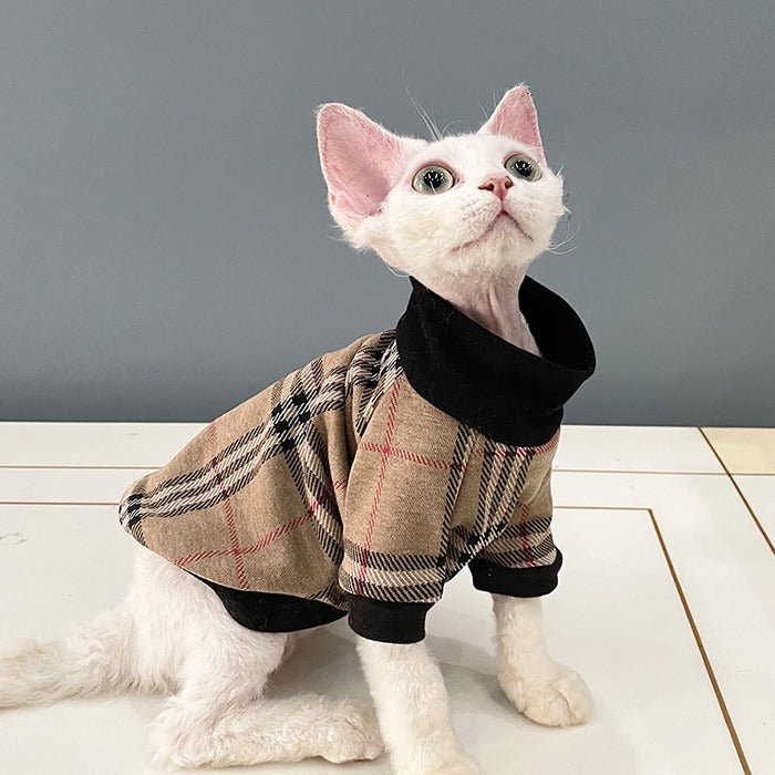 Sphynx Cat Clothes Plaid Turtleneck Pullover Shirts - PIKAPIKA