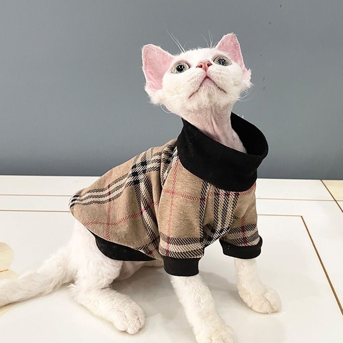 Sphynx Cat Clothes Plaid Turtleneck Pullover Shirts - PIKAPIKA