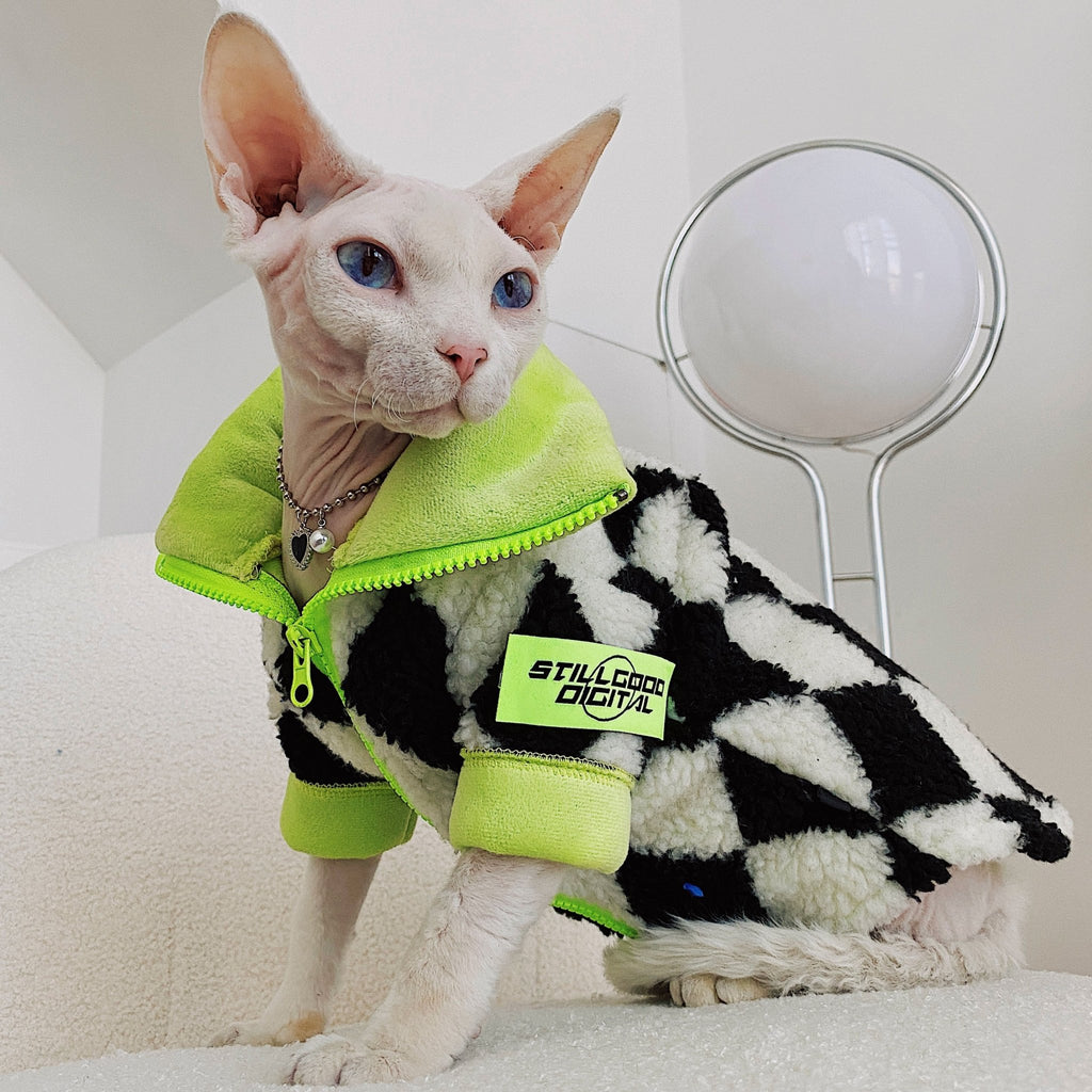 Sphynx Cat Clothes Plush Check Coat - PIKAPIKA