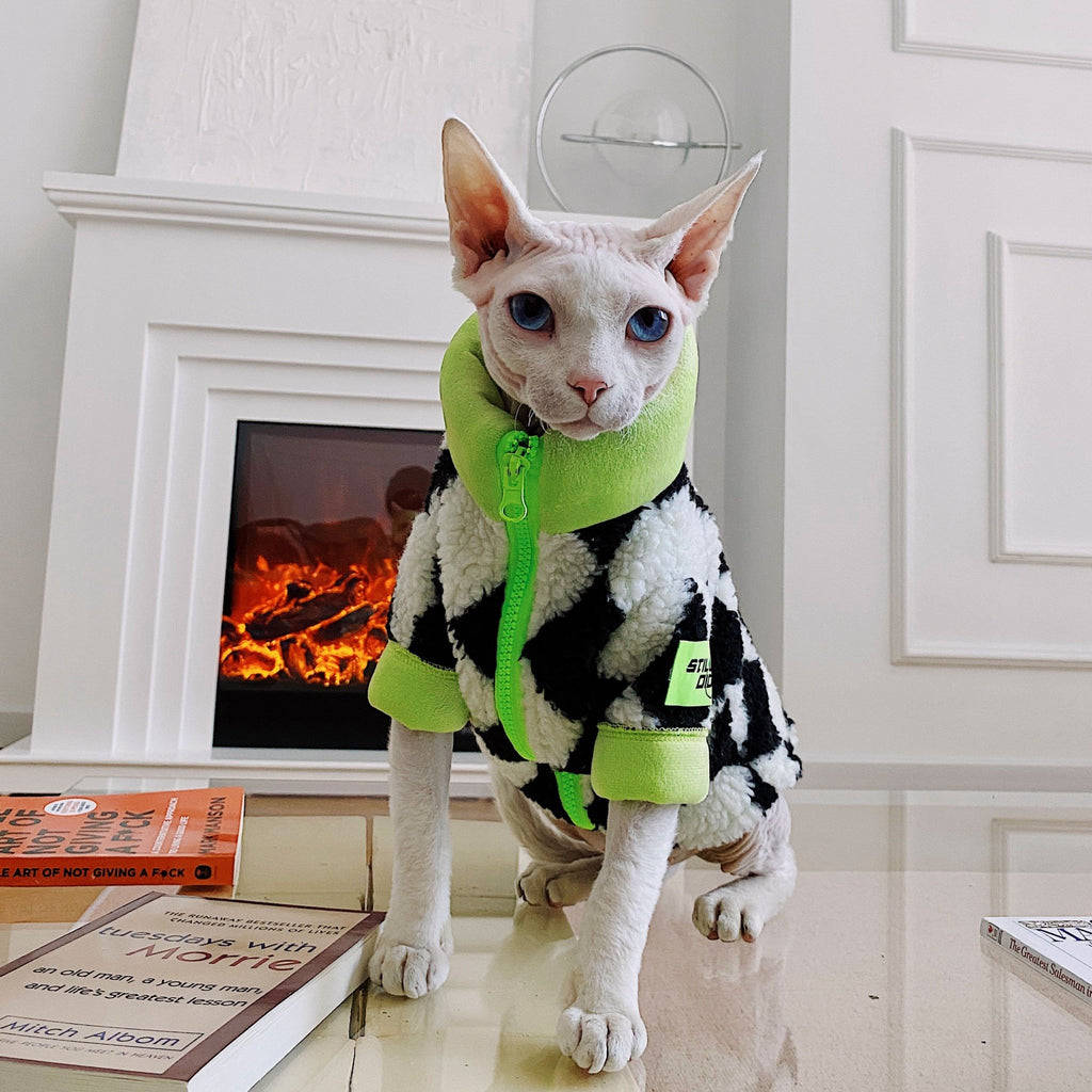 Sphynx Cat Clothes Plush Check Coat - PIKAPIKA