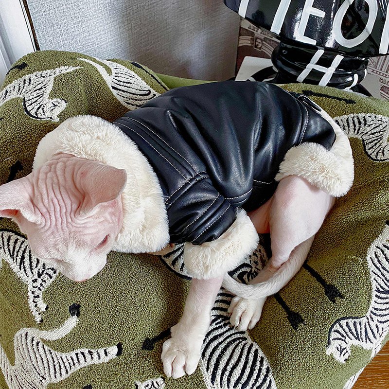 Sphynx Cat Clothes Plush Leather Jacket Coat - PIKAPIKA