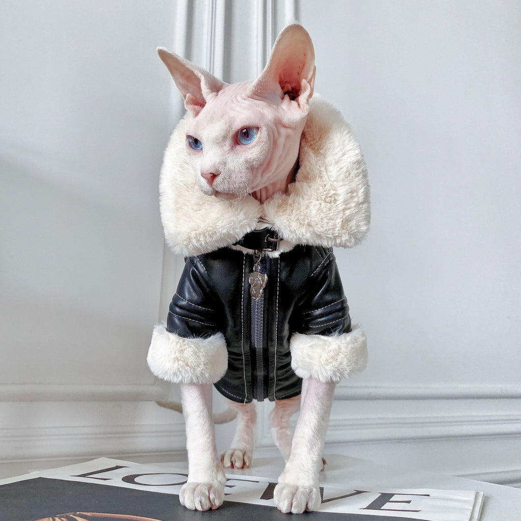 Sphynx Cat Clothes Plush Leather Jacket Coat - PIKAPIKA