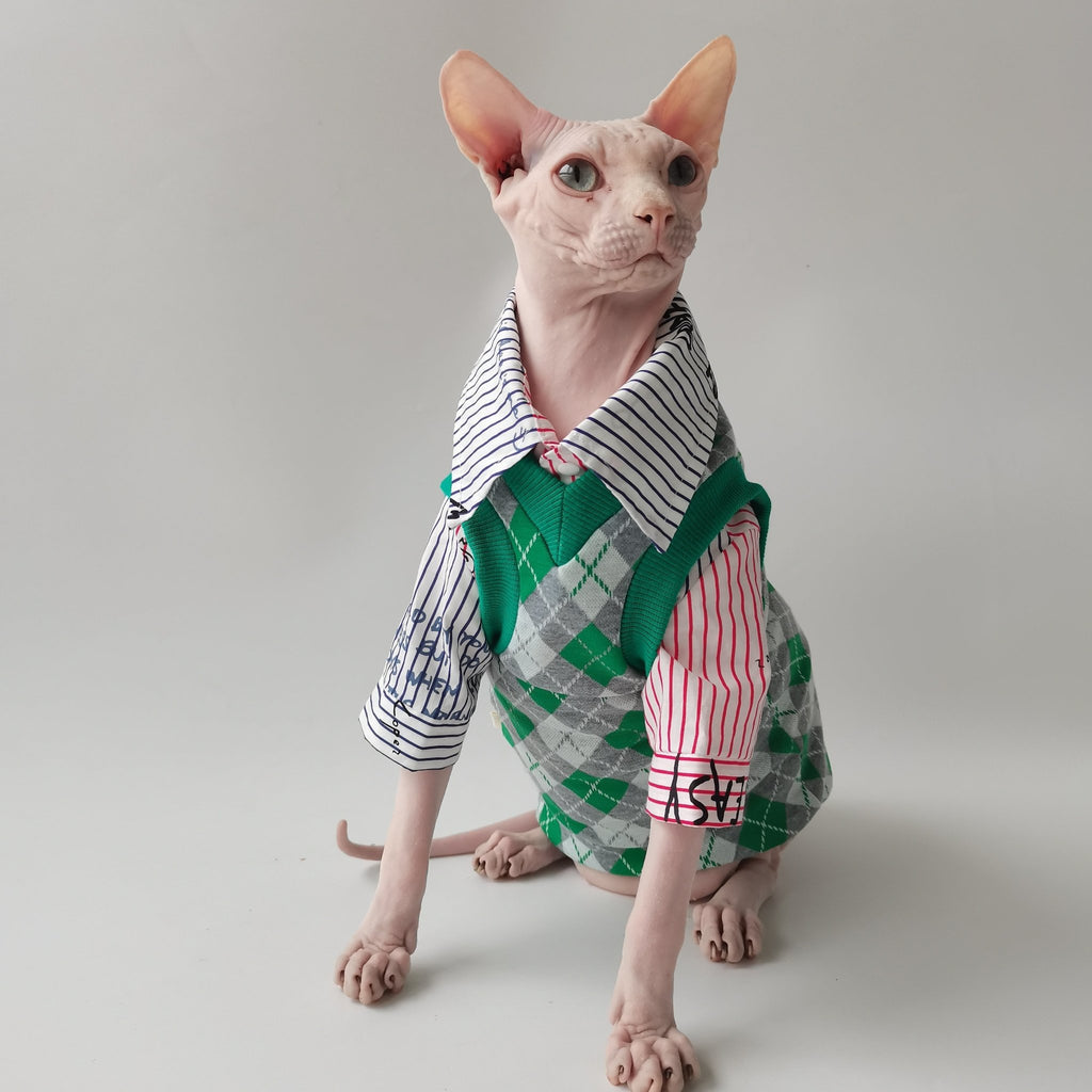 Sphynx Cat Clothes V-neck Sweater Vest Set - PIKAPIKA