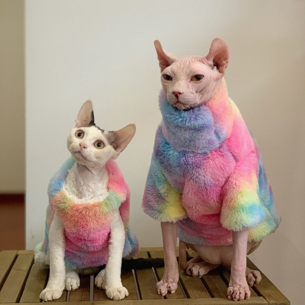 Sphynx Cat Coat Faux Fur Tie Dye Pullover Highneck Sleevless Wear Devon Rex Clothes - PIKAPIKA