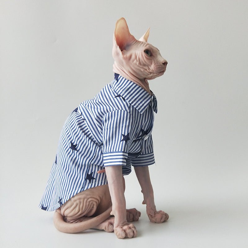 Stripe Cotton Shirt witn Tie Sphynx Cat Clothes - PIKAPIKA