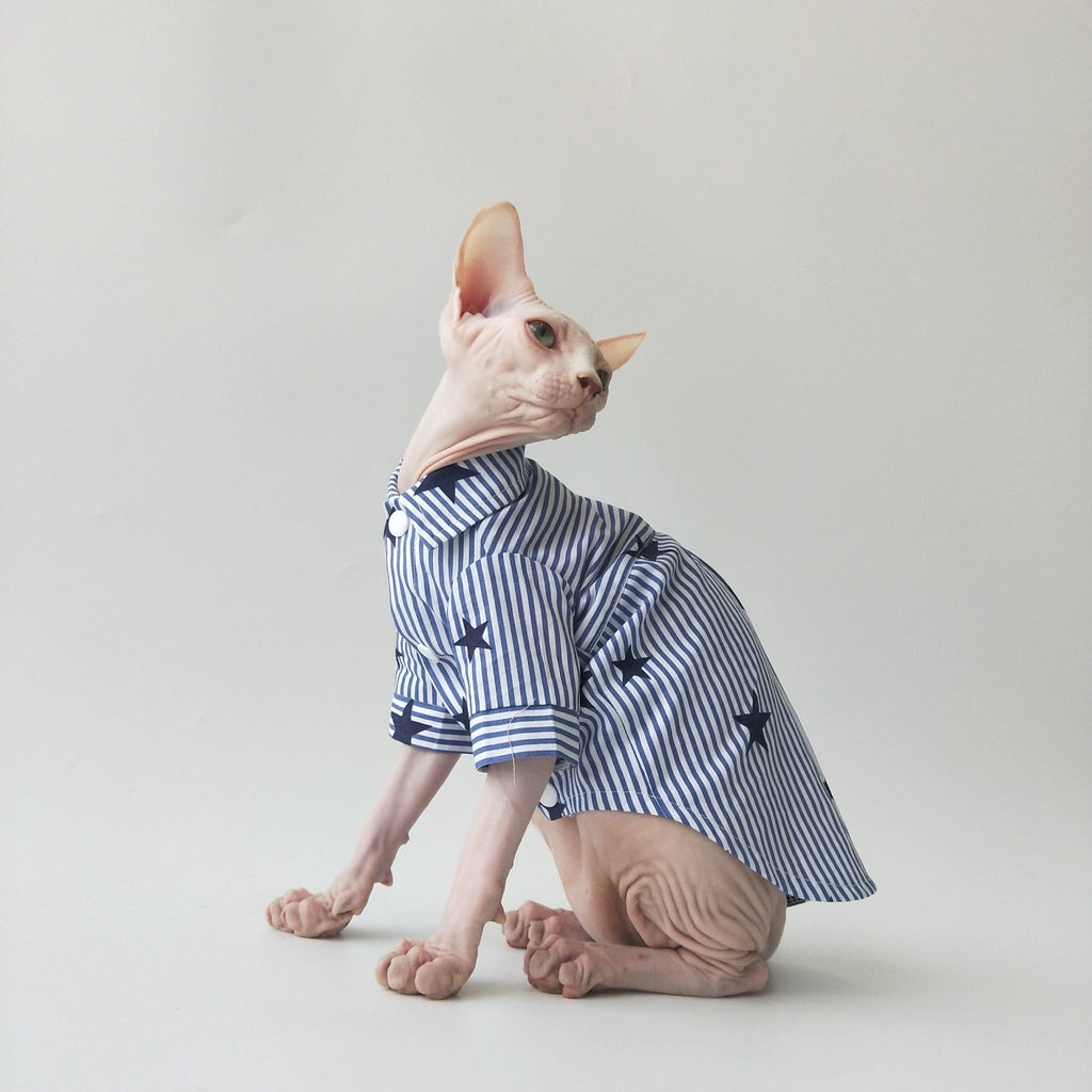 Stripe Cotton Shirt witn Tie Sphynx Cat Clothes - PIKAPIKA